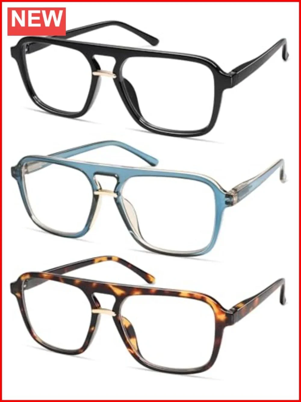 3 Pack Square Aviator Blue Light Blocking Reading Glasses